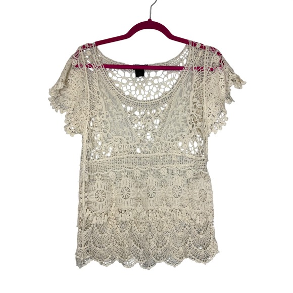 Wet Seal Tops - Wet Seal Women Cream Crochet Lace Top Boho Y2K Cotton Sheer Flutter Sleeve Small